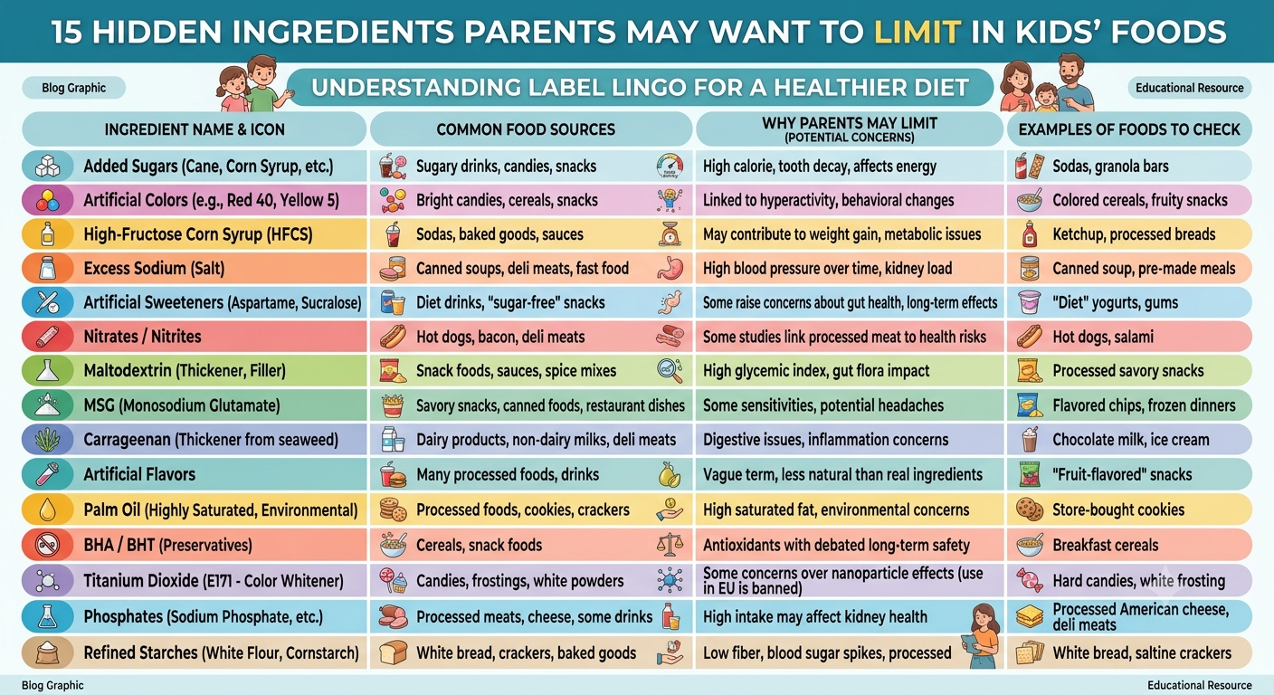 Chart of 15 ingredients parents may want to limit in children’s packaged foods, their common sources, and considerations