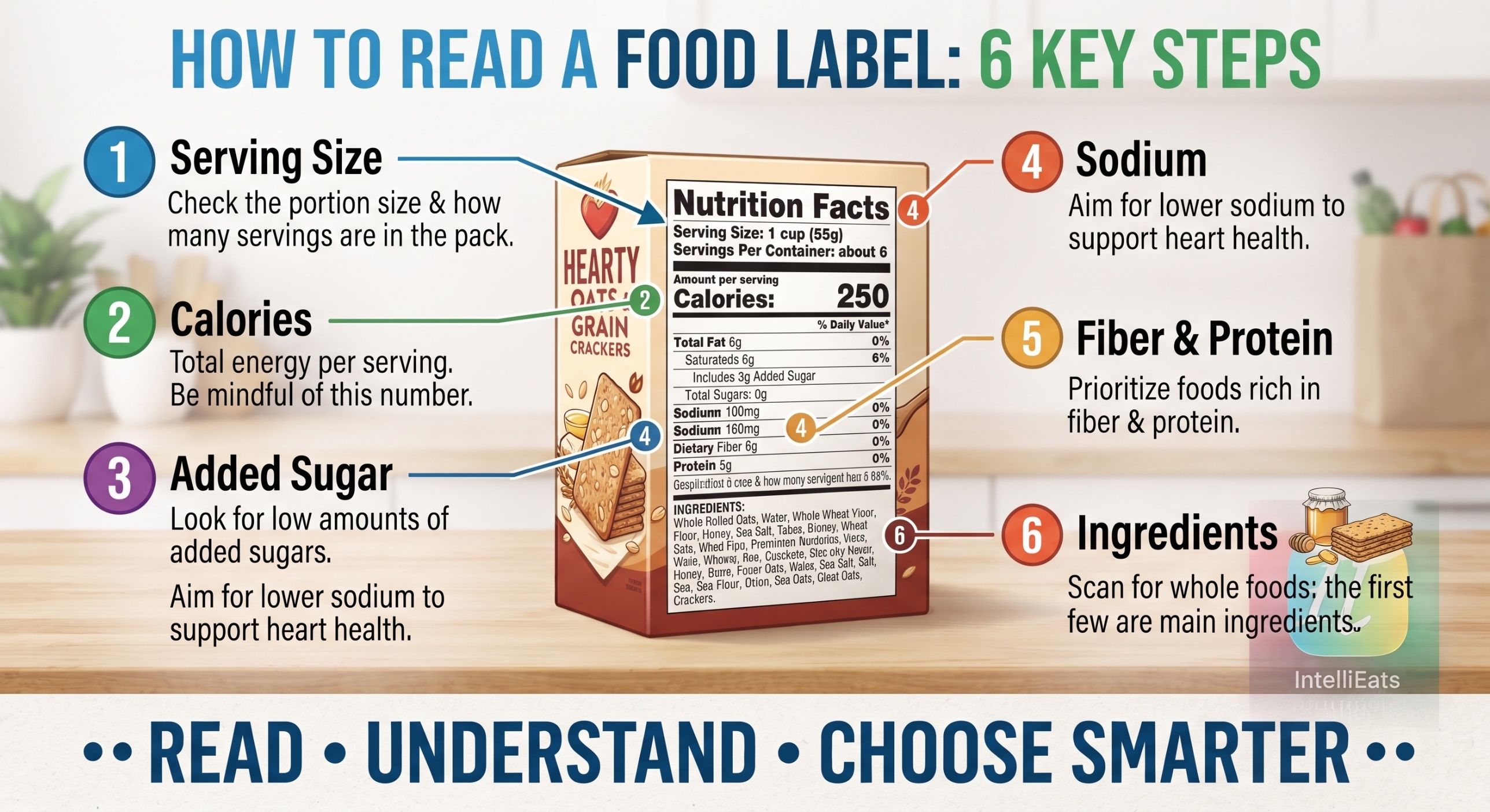 Infographic showing the six key steps to reading a food label: serving size, calories, added sugar, sodium, fiber and protein, and ingredients