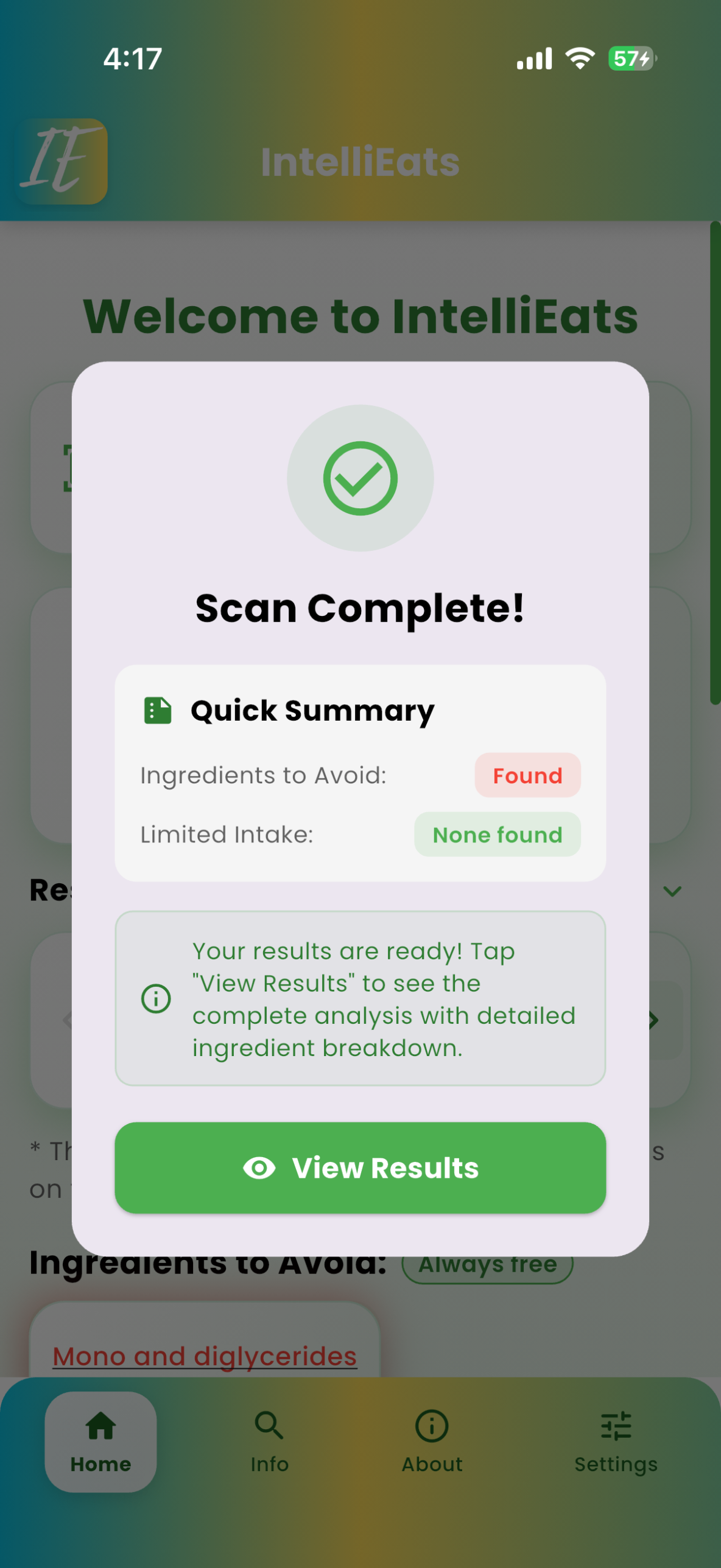 IntelliEats home screen with Camera, Gallery, and Barcode scan options