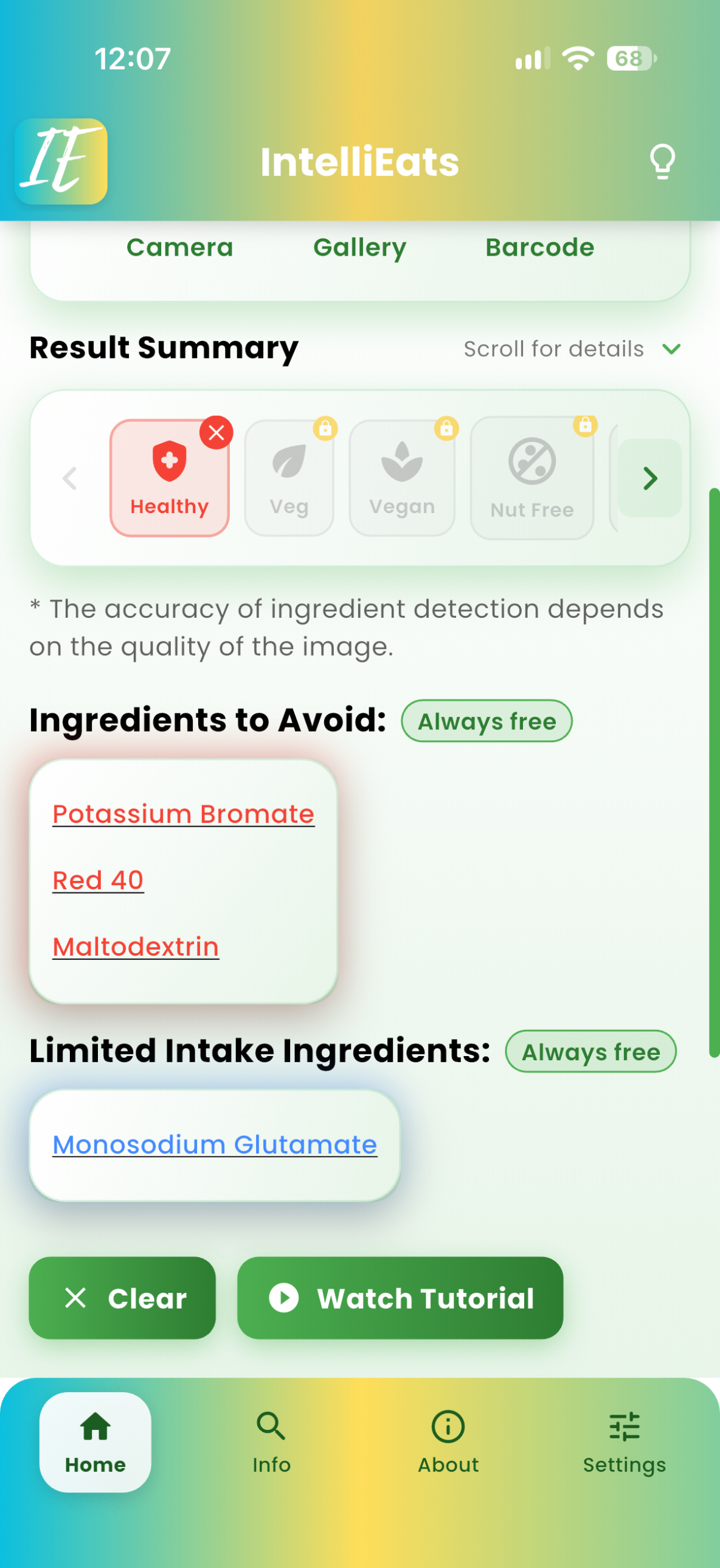 Complete IntelliEats app results screen highlighting ingredients to avoid and limit after scanning a product label