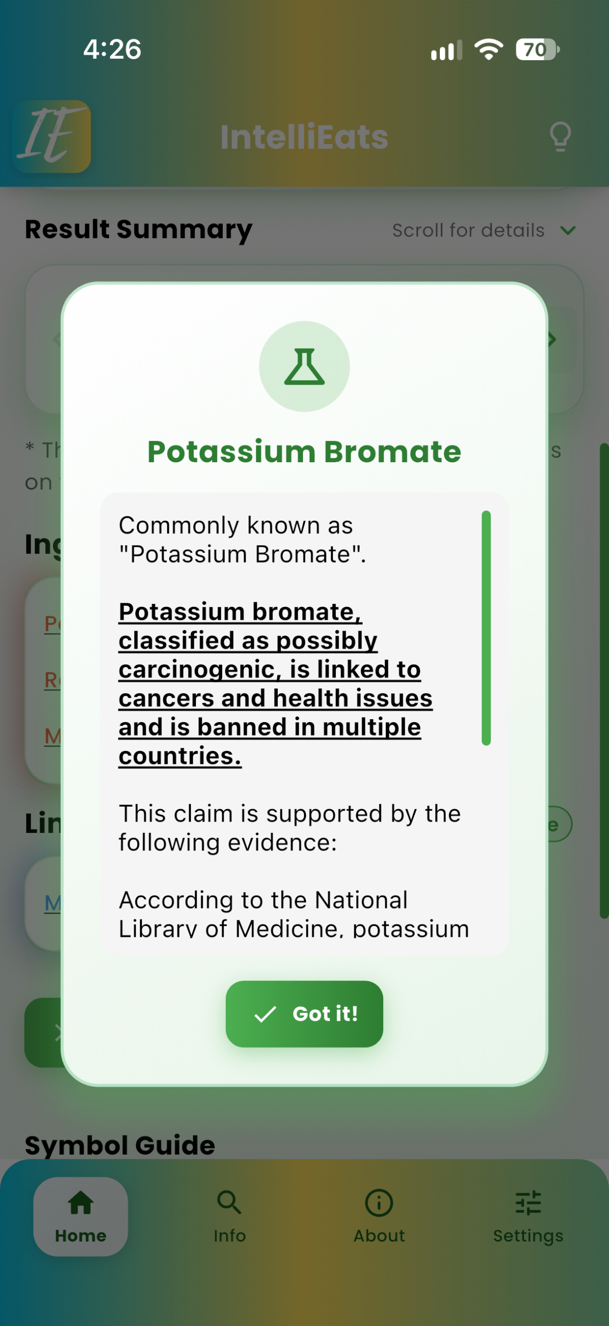 Results screen listing ingredients to avoid like Red 40 and Yellow 6