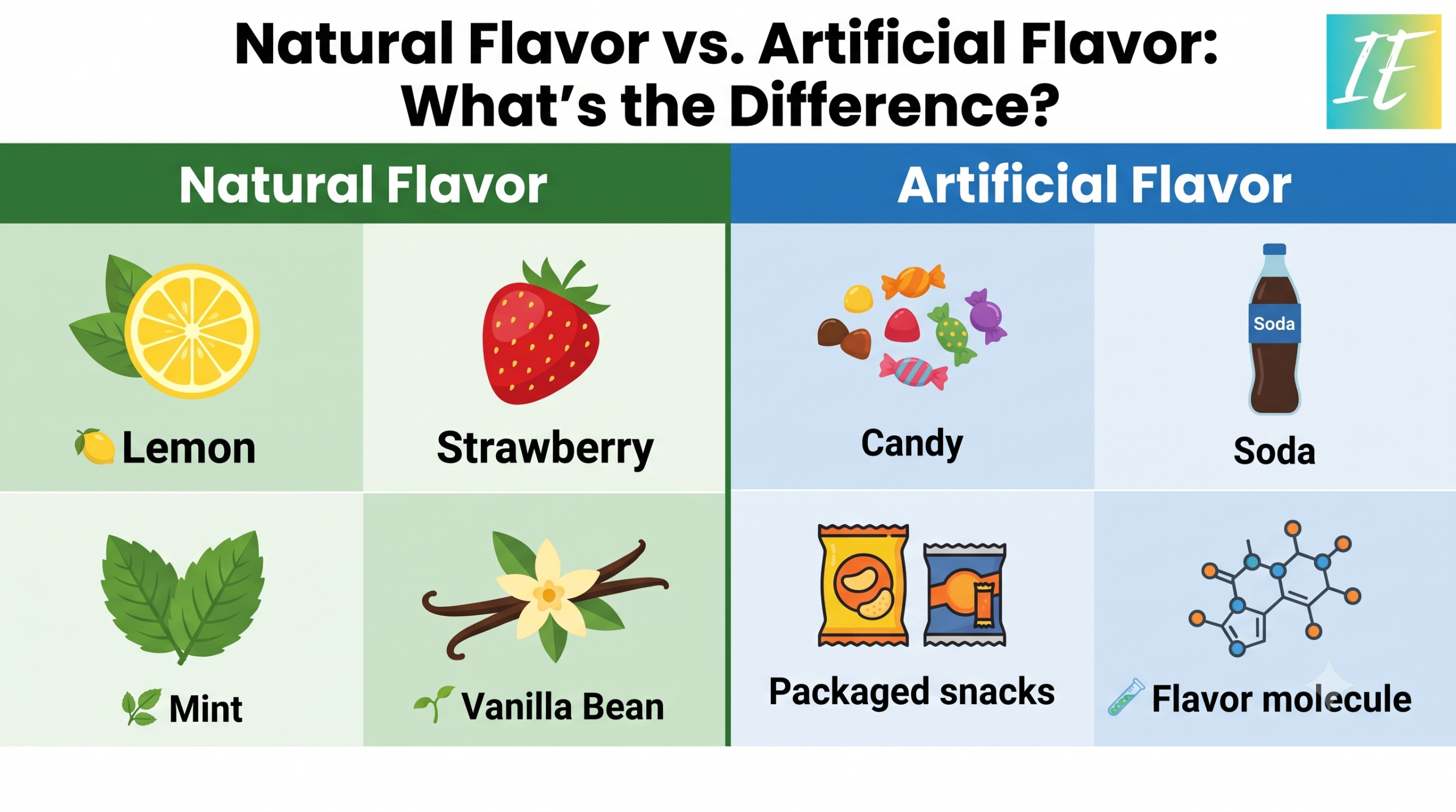 Comparison of natural flavor sources such as lemon, strawberry, mint, and vanilla bean versus artificial flavor examples such as candy, soda, packaged snacks, and flavor molecules