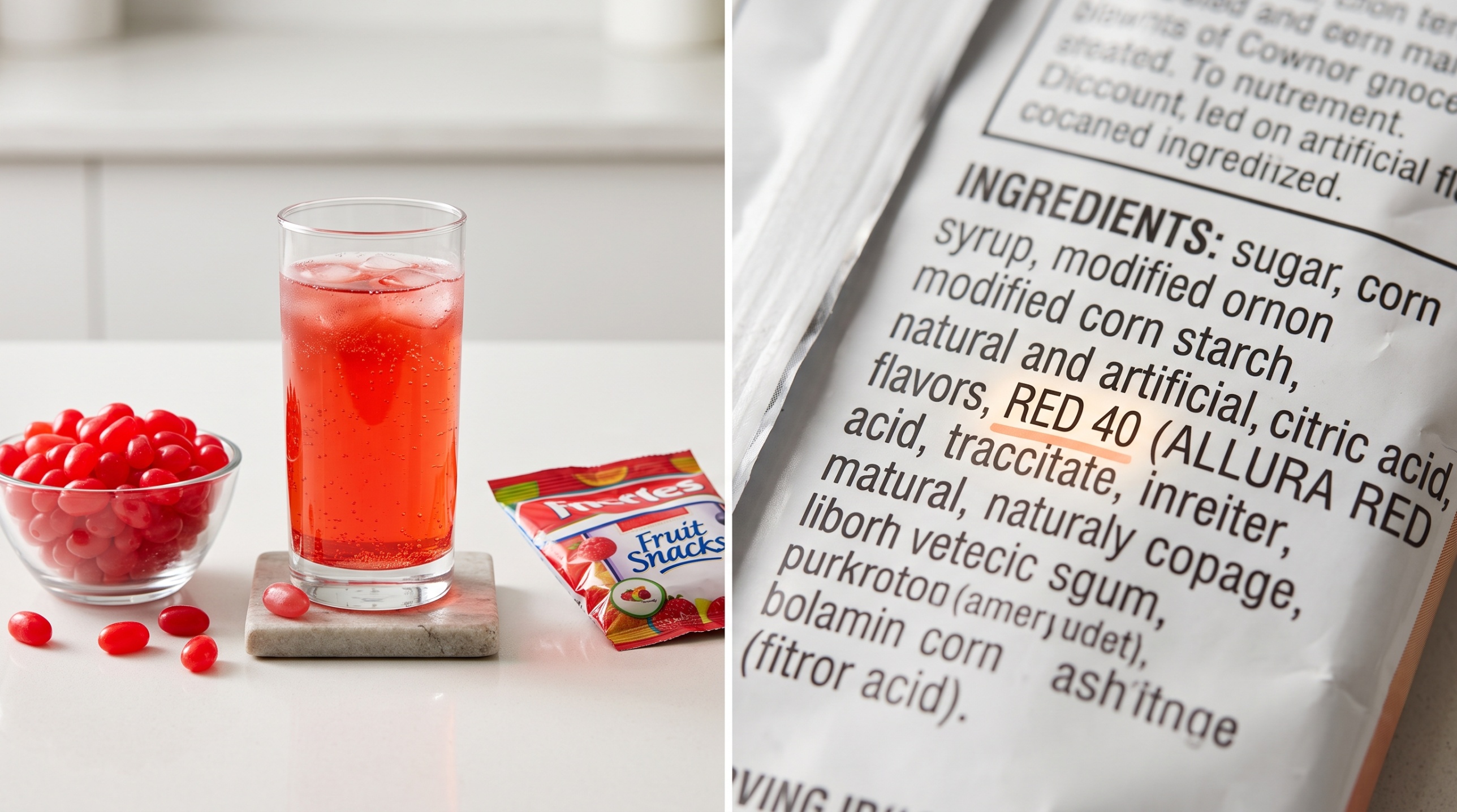Red jelly beans, a red drink, and fruit snacks beside a close-up of an ingredient label highlighting Red 40 (Allura Red)