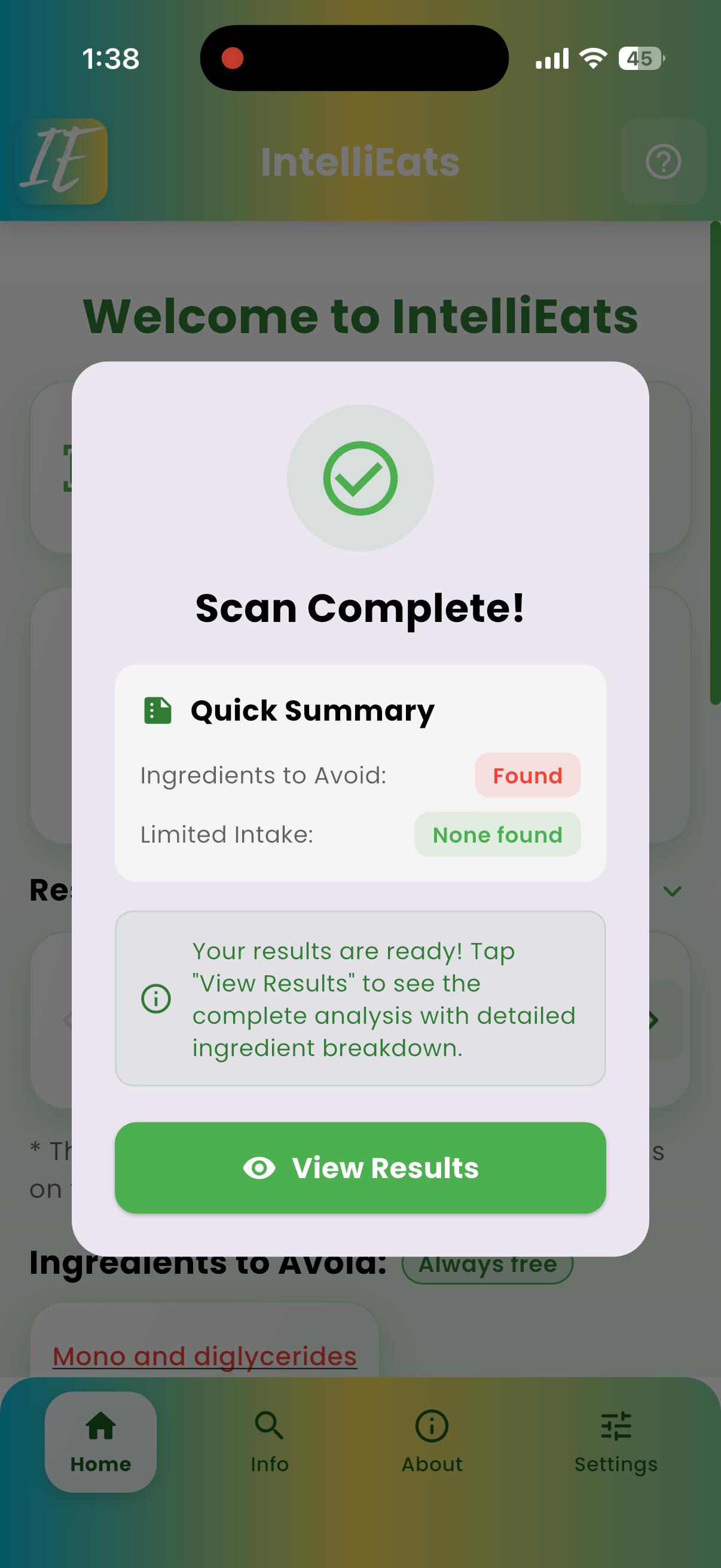 IntelliEats app showing scan results grouped into ingredient categories
