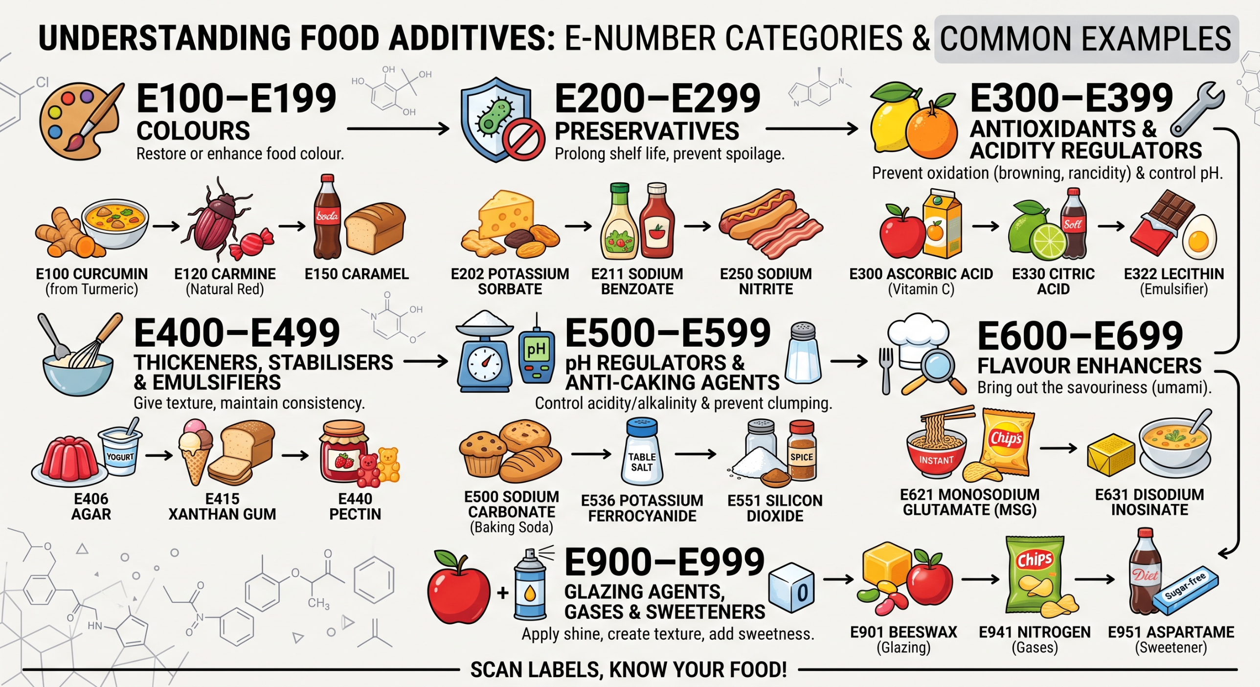 Food additive E-number categories and common examples