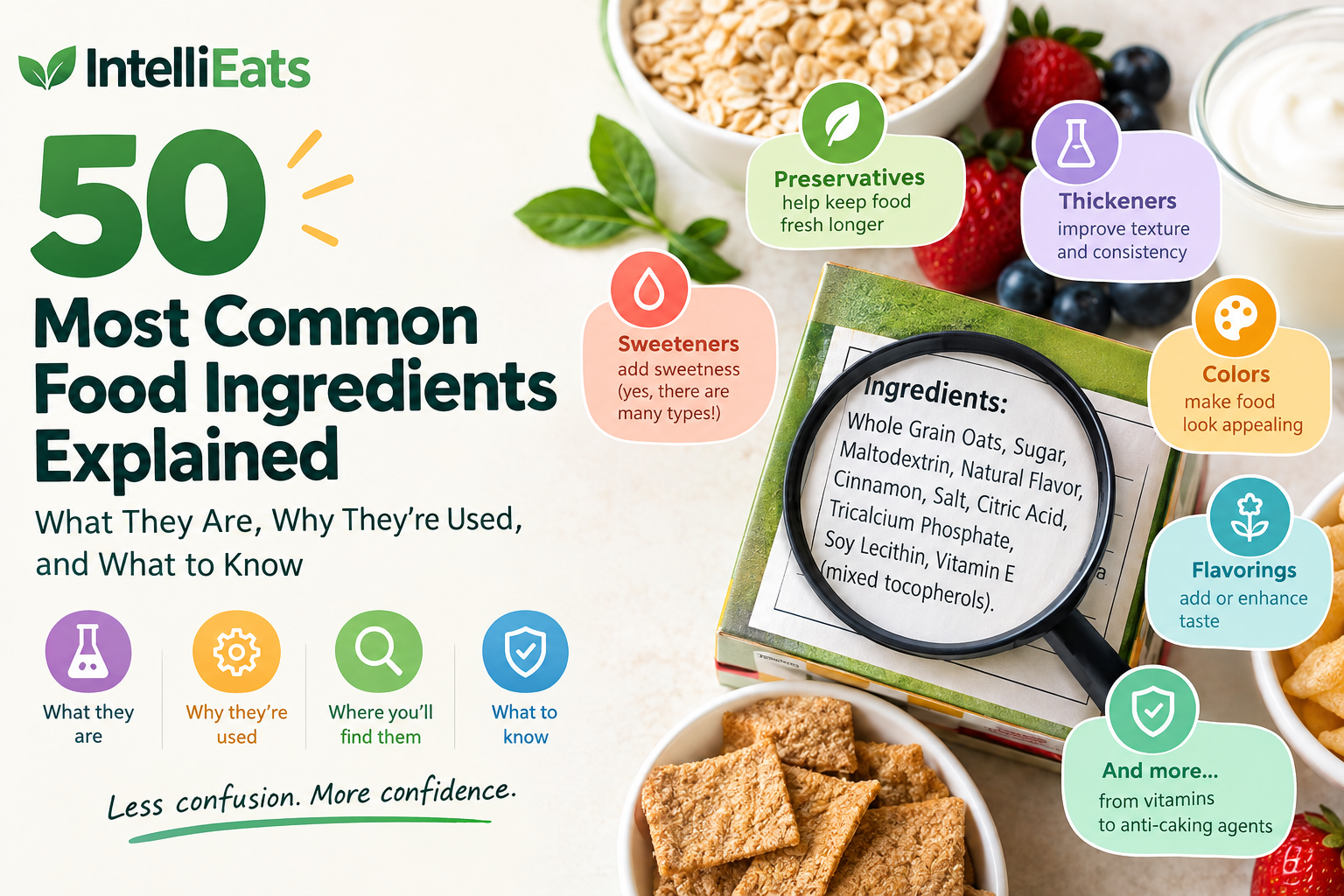 A magnifying glass over a cereal box ingredient list, surrounded by labels for preservatives, thickeners, sweeteners, colors, and flavorings