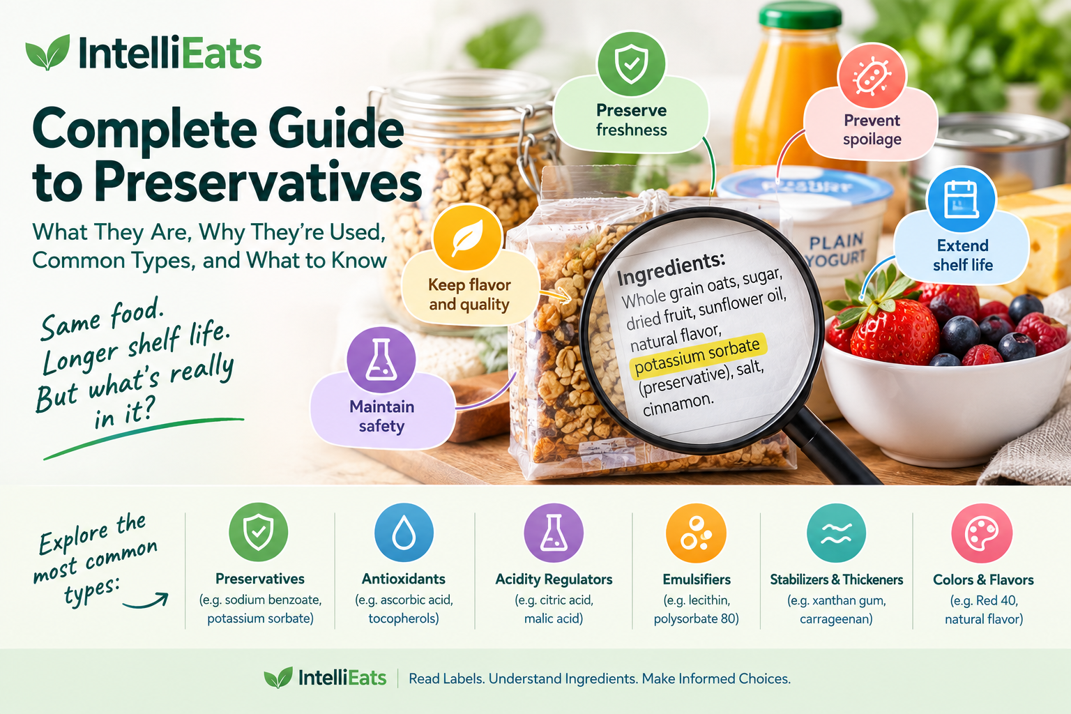 IntelliEats Complete Guide to Preservatives infographic with a magnifying glass highlighting potassium sorbate on an ingredient list