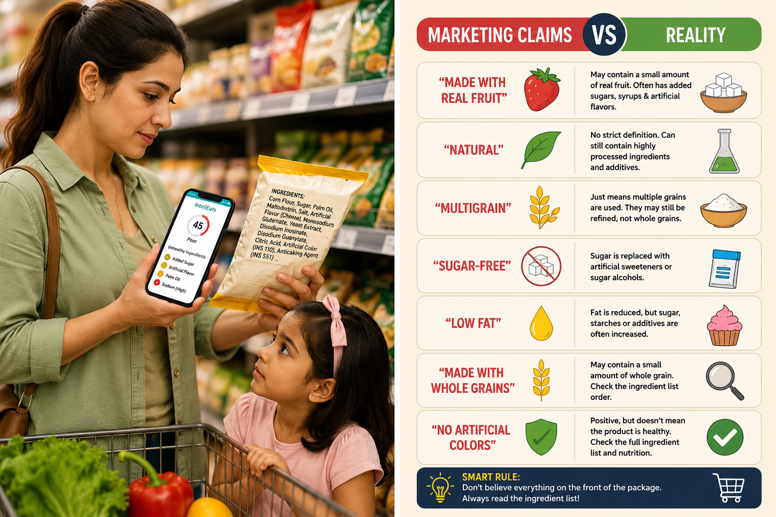 Infographic comparing common food marketing claims versus the reality on the ingredient label