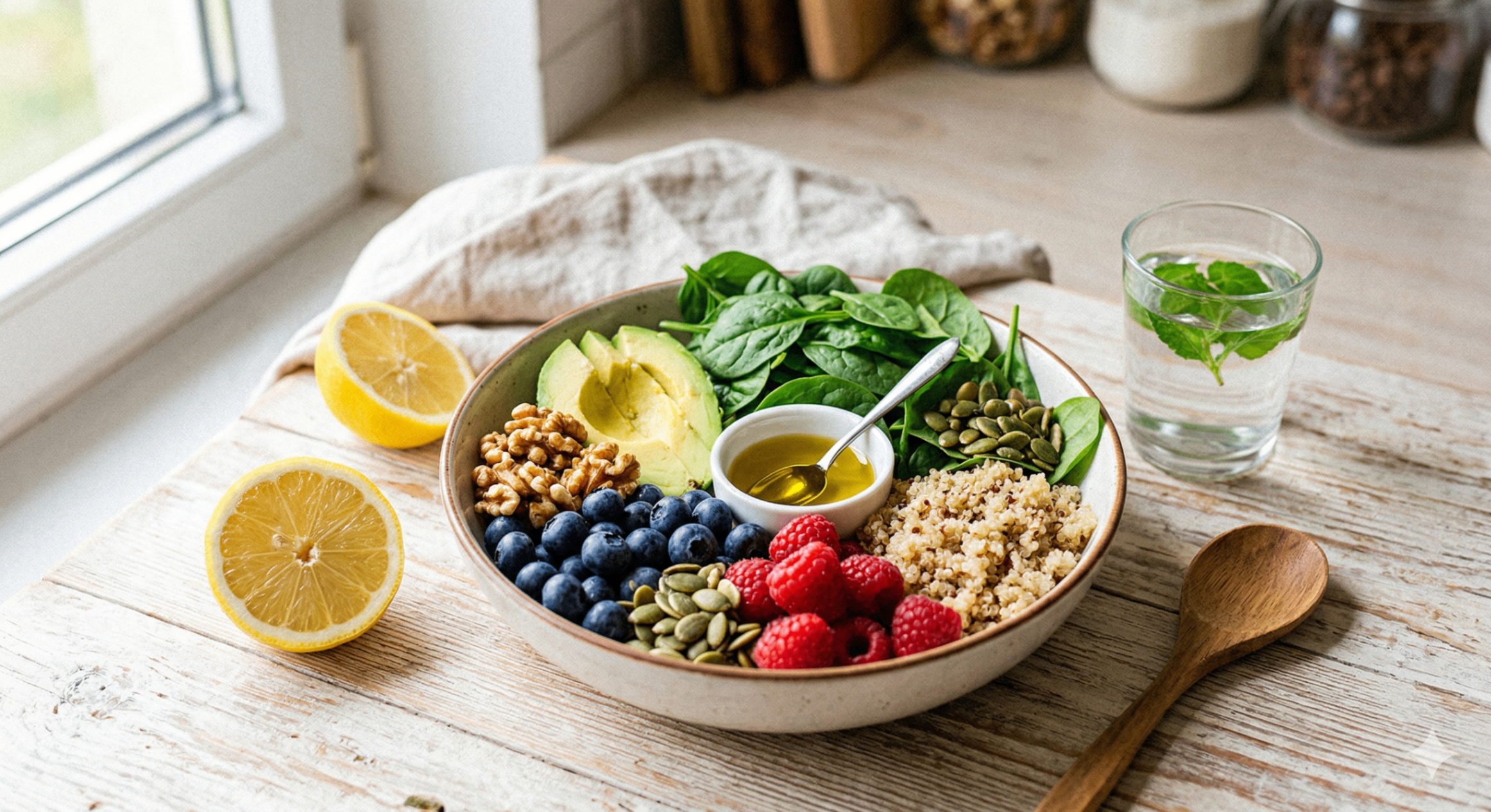 A bowl of healthy whole foods including avocado, quinoa, berries, spinach, and olive oil