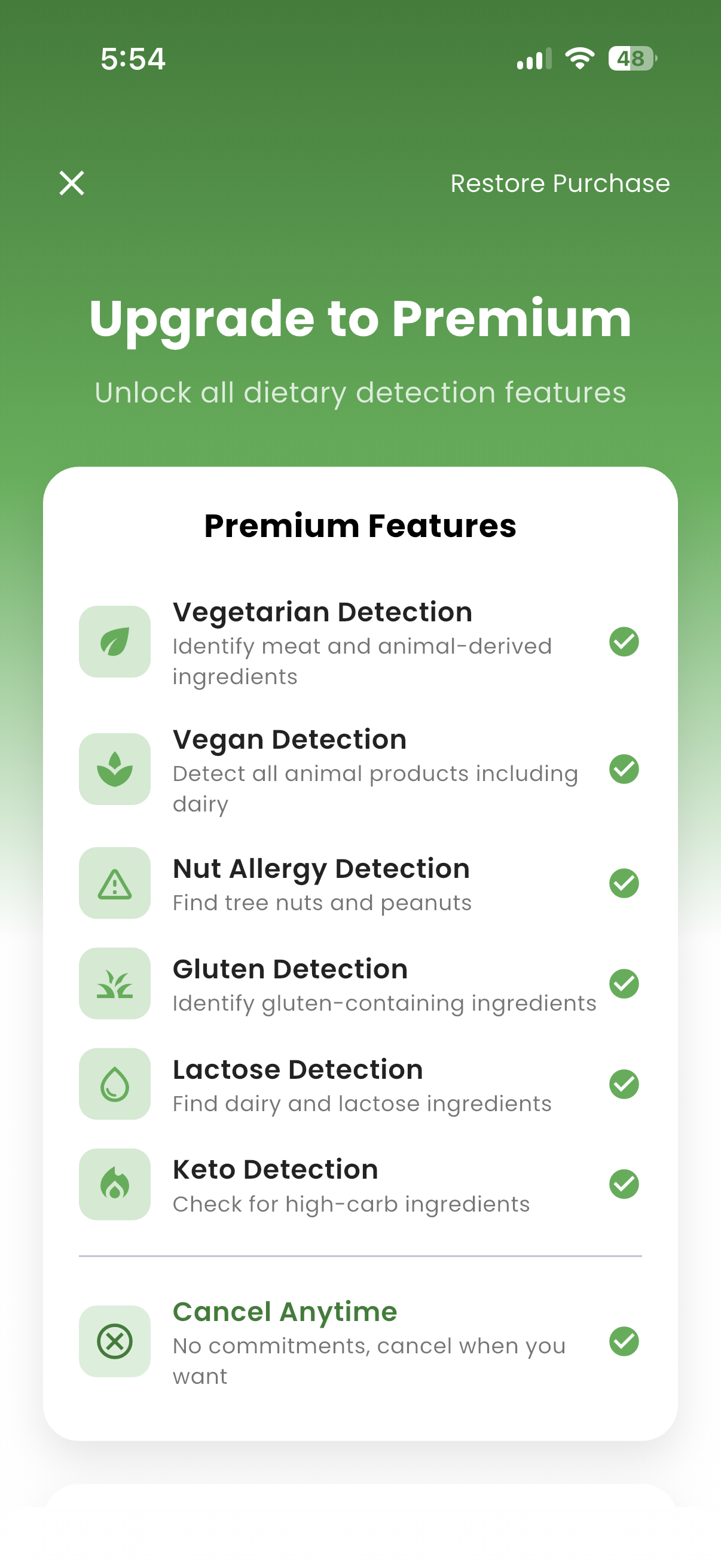 IntelliEats detection settings listing vegetarian, vegan, nuts, gluten, lactose, and keto premium options